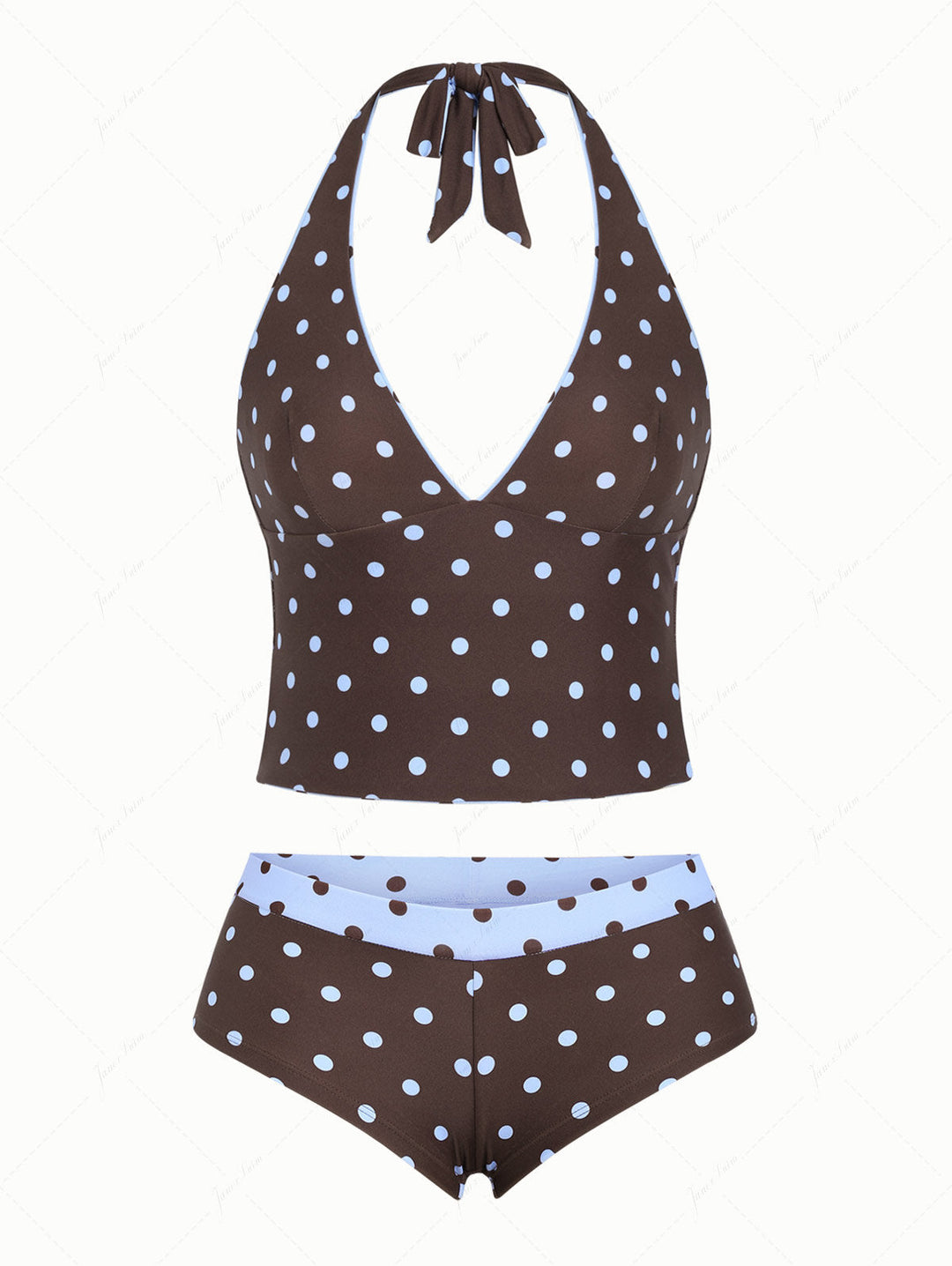 Sky Blue Polka Dot Halter Tied Back Reversible Top & Cheeky Boyshorts Tankini Set
