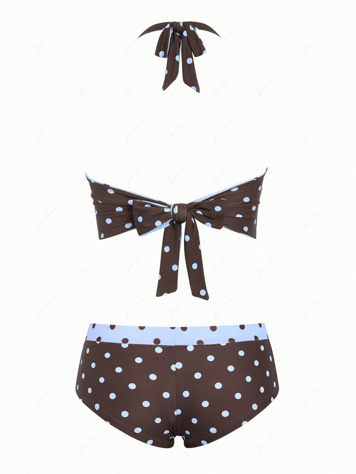 Sky Blue Polka Dot Halter Tied Back Reversible Top & Cheeky Boyshorts Tankini Set
