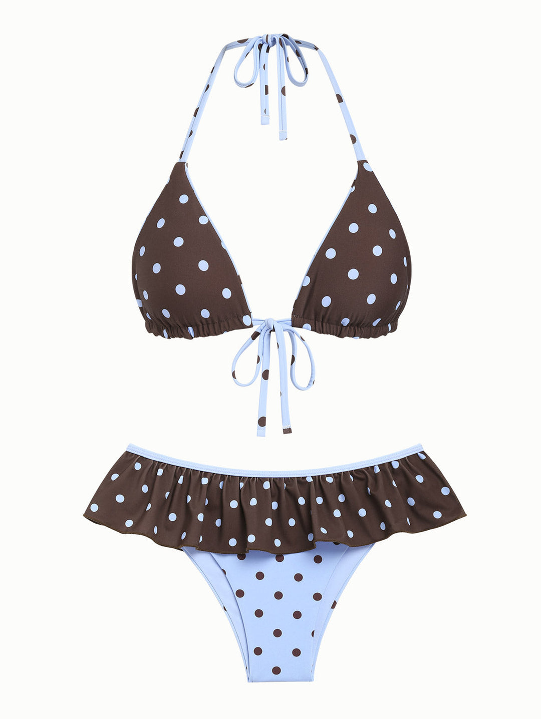 Sky Blue Polka Dot Reversible Triangle Top & Skirted Bottom Bikini Set