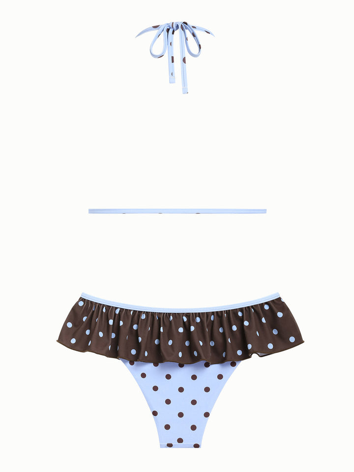 Sky Blue Polka Dot Reversible Triangle Top & Skirted Bottom Bikini Set