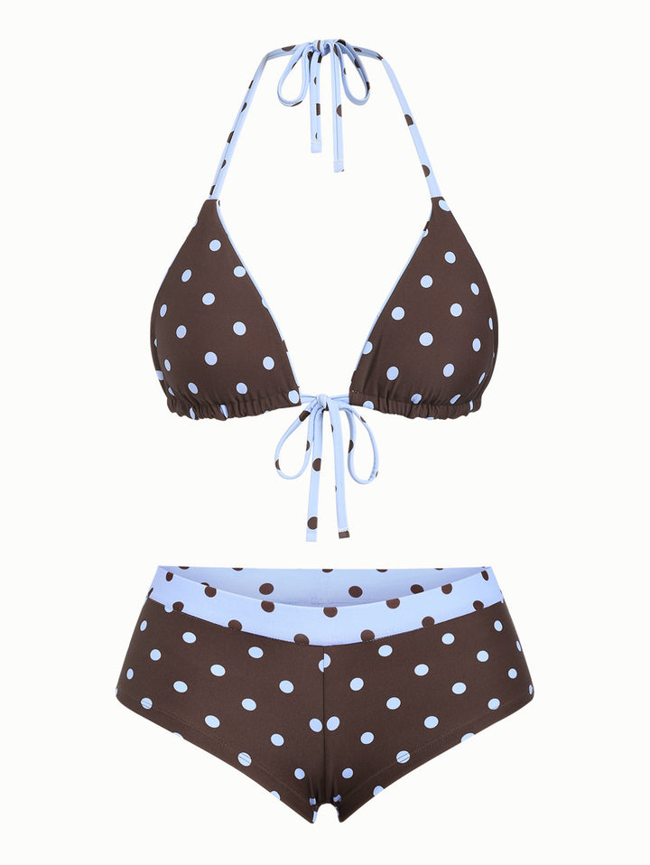 Sky Blue Polka Dot Reversible Triangle Top & Cheeky Boyshorts Bikini Set