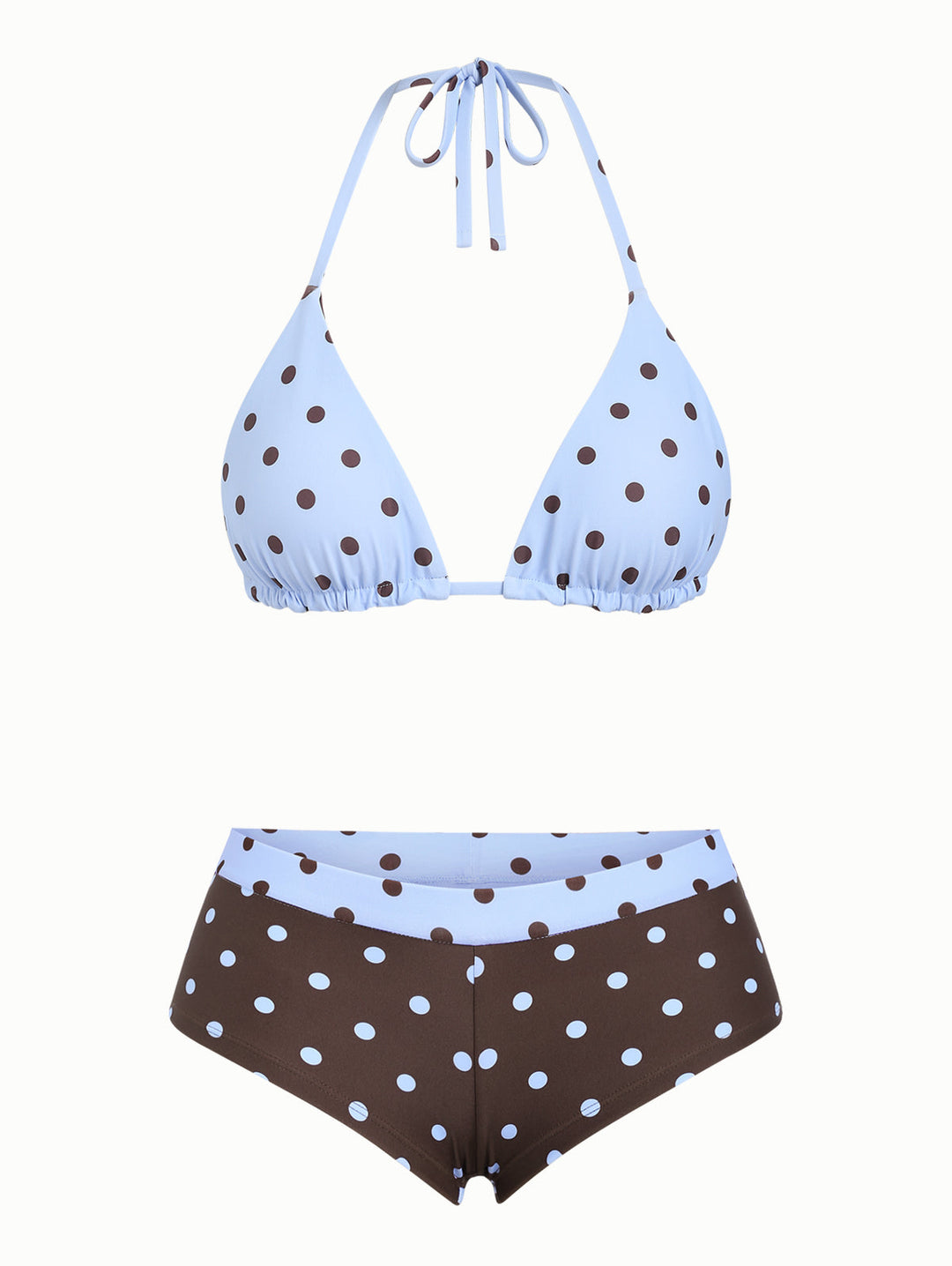 Sky Blue Polka Dot Reversible Triangle Top & Cheeky Boyshorts Bikini Set