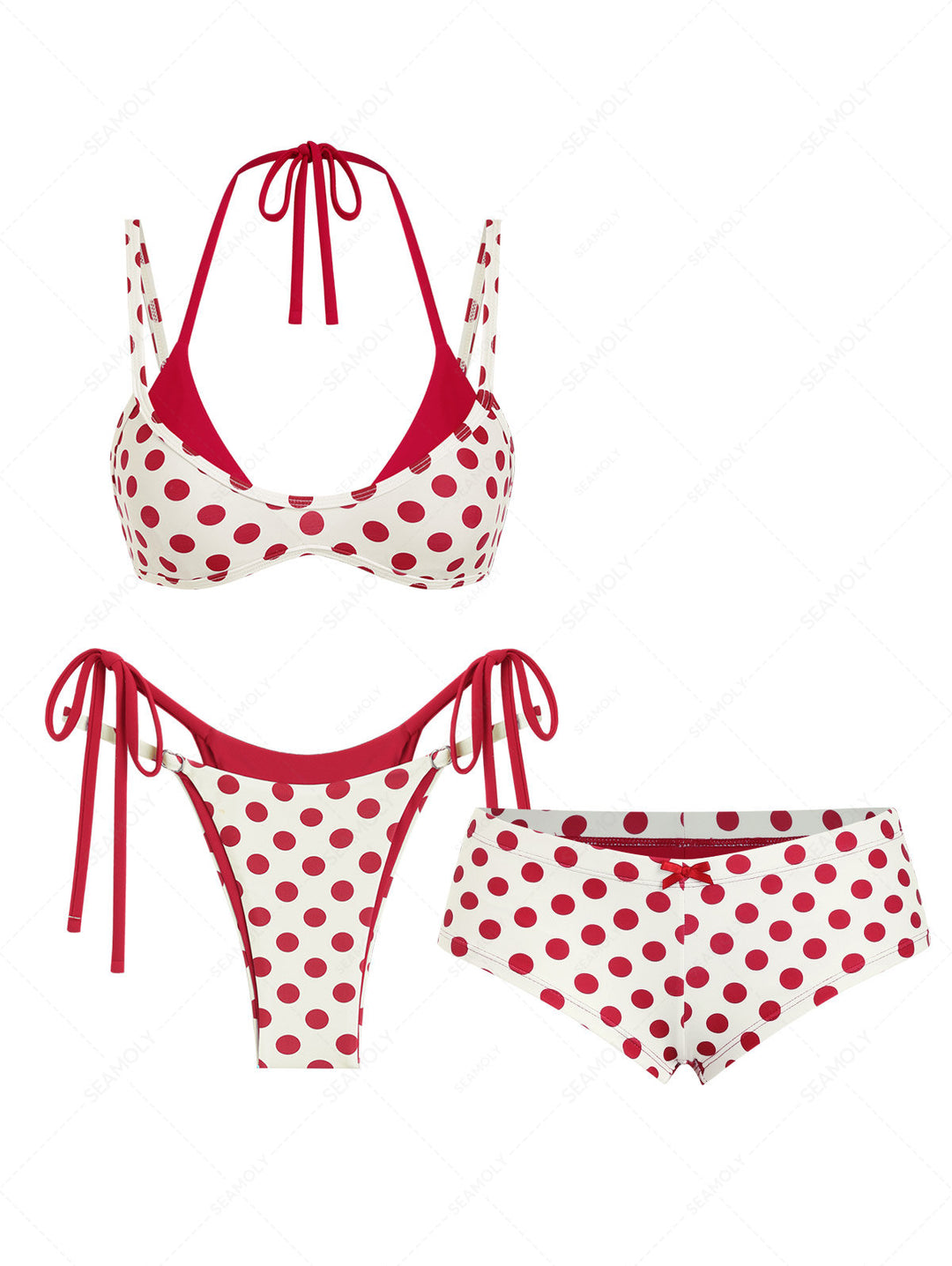 Seamolly 3 Piece Polka Dot Print String Double Layer Cheeky Boyshort Bikini Set
