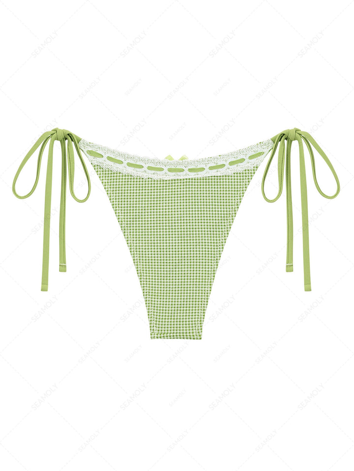 Green Gingham Lace Bowknot Tie Side Cheeky Bikini Bottom