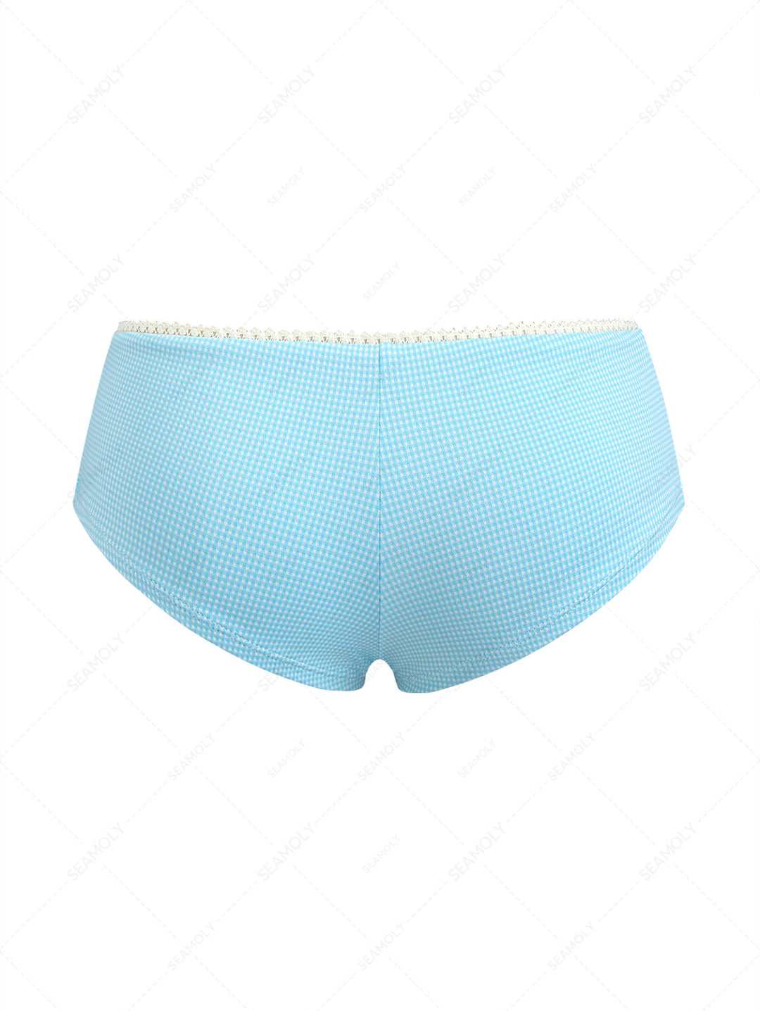 Sky Blue Knitted Plaid Lace Low Rise Beach Swim Bottom Boyshorts