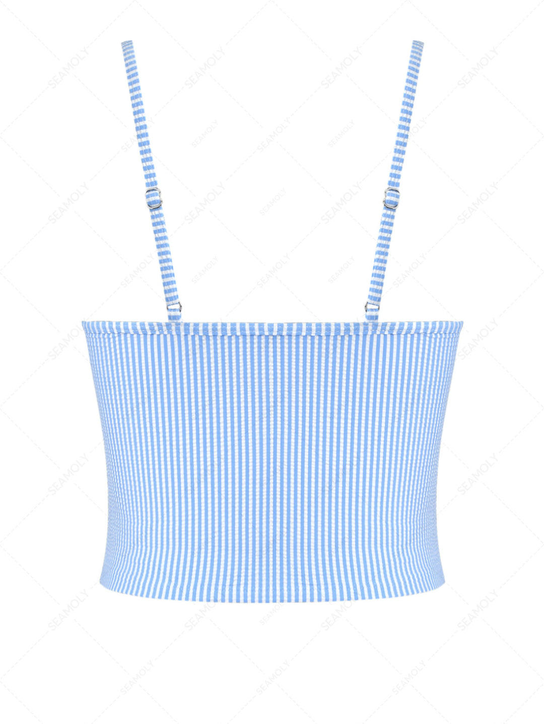 Light Blue Striped Spliced Ruched Ruffles Bowknot Tankini Top