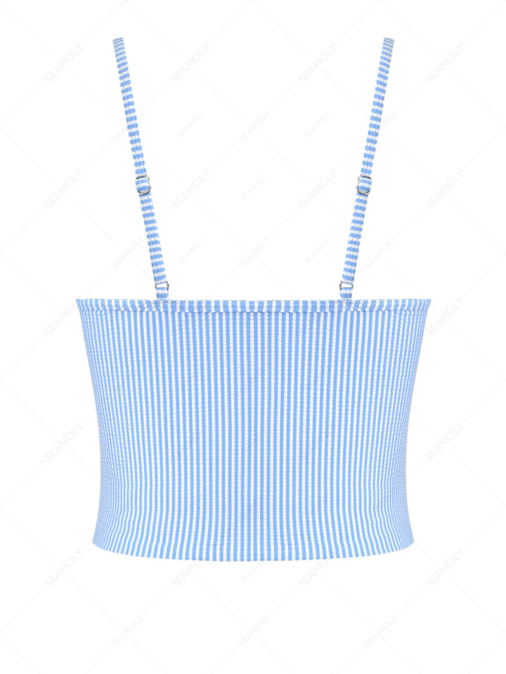 Light Blue Striped Spliced Ruched Ruffles Bowknot Tankini Top