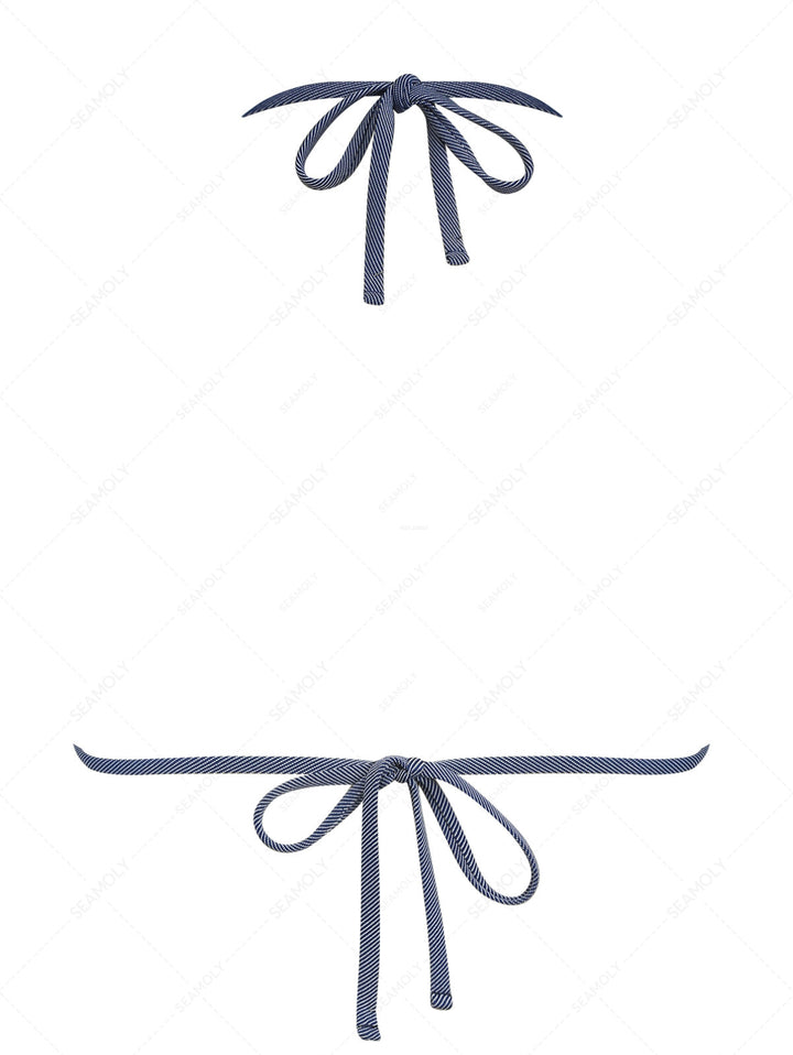 Deep Blue Denim Lace Bowknot Halter Triangle Bikini Top