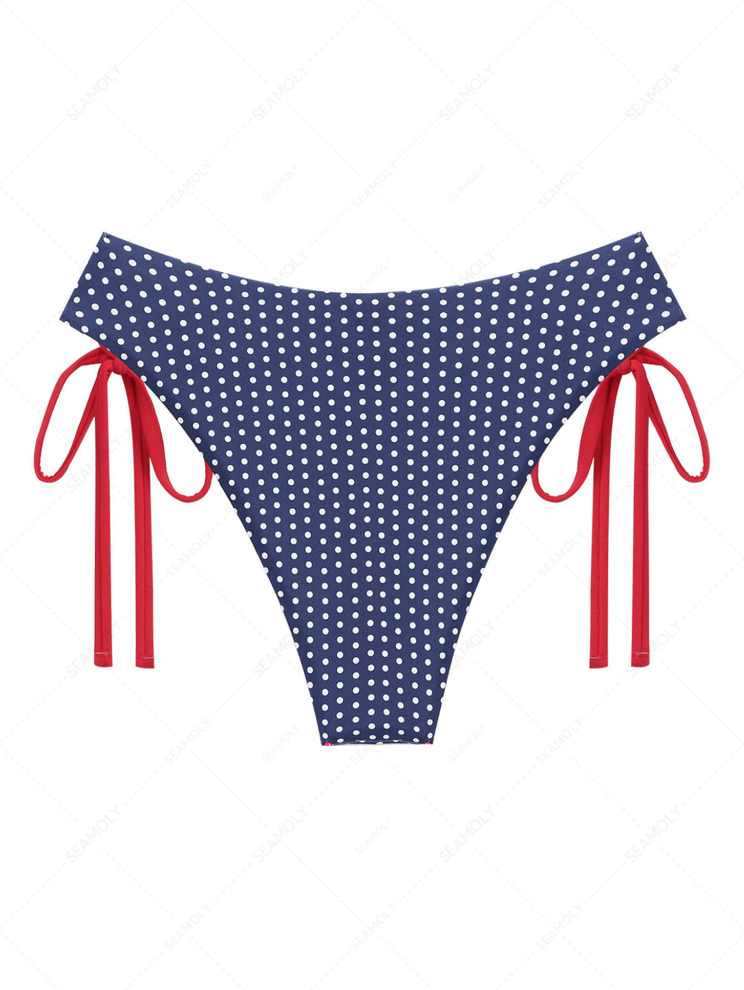Deep Blue Polka Dot Contrast Cinched Tie Side Hipster Bikini Bottom