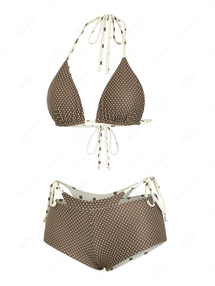 Seamolly Polka Dot Triangle Top & Double Layer Cheeky Boyshorts Reversible Bikini Set