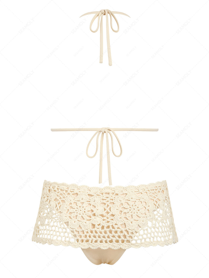 Seamolly Crochet Floral Scalloped Trim Triangle Skirtini Bikini Set