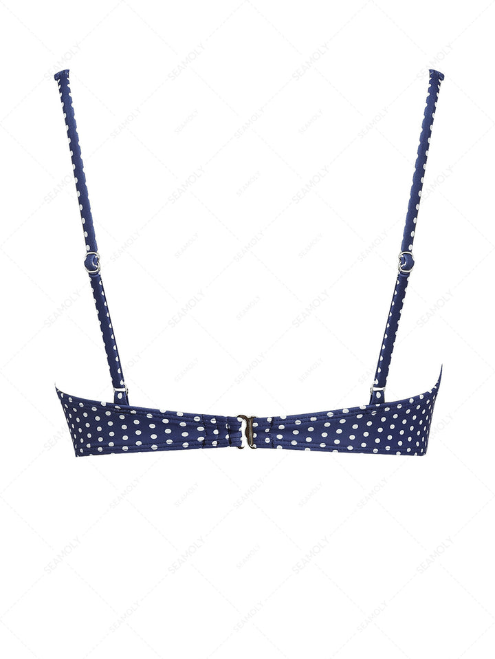 Deep Blue Polka Dot Lace Bowknot Underwire Bikini Top