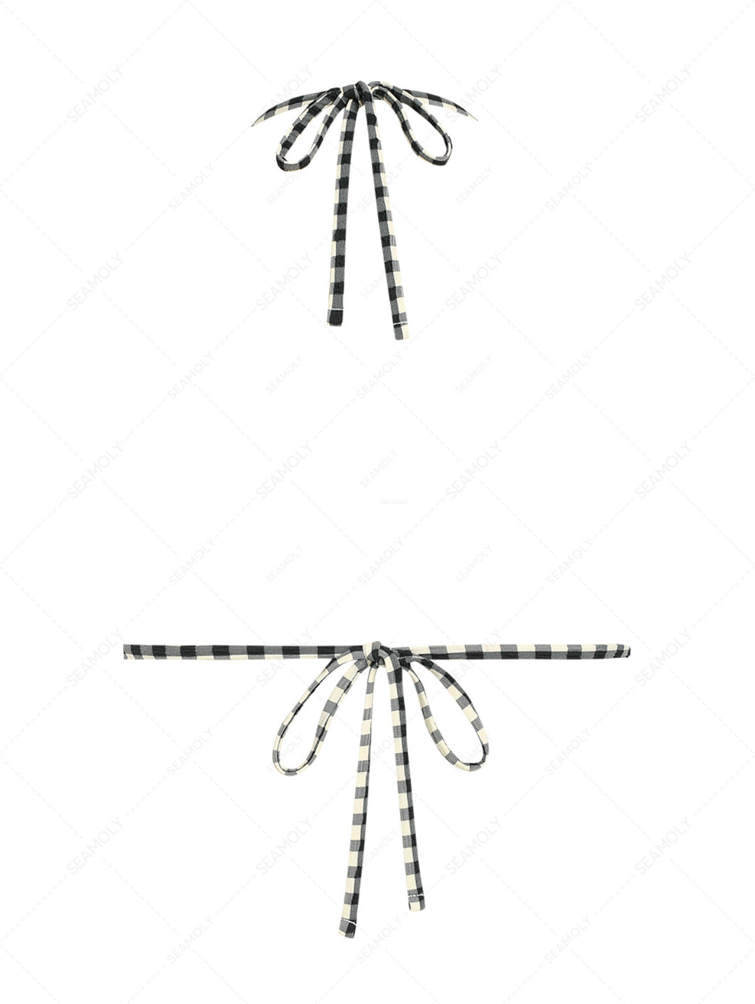 Vintage Black Plaid Picot Bowknot Halter Triangle Bikini Top