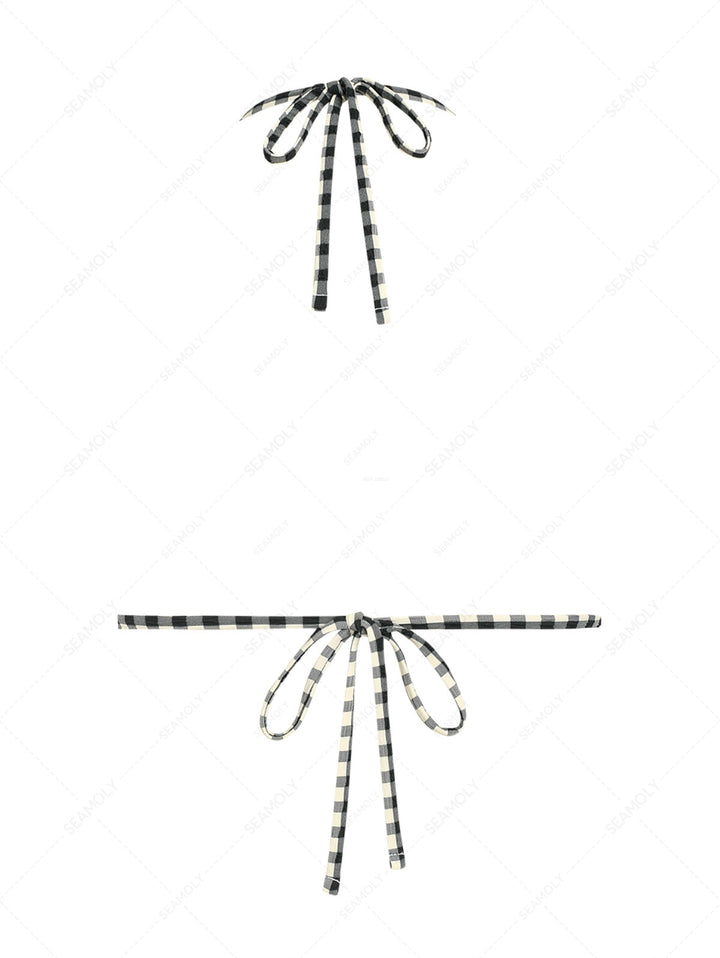 Vintage Black Plaid Picot Bowknot Halter Triangle Bikini Top