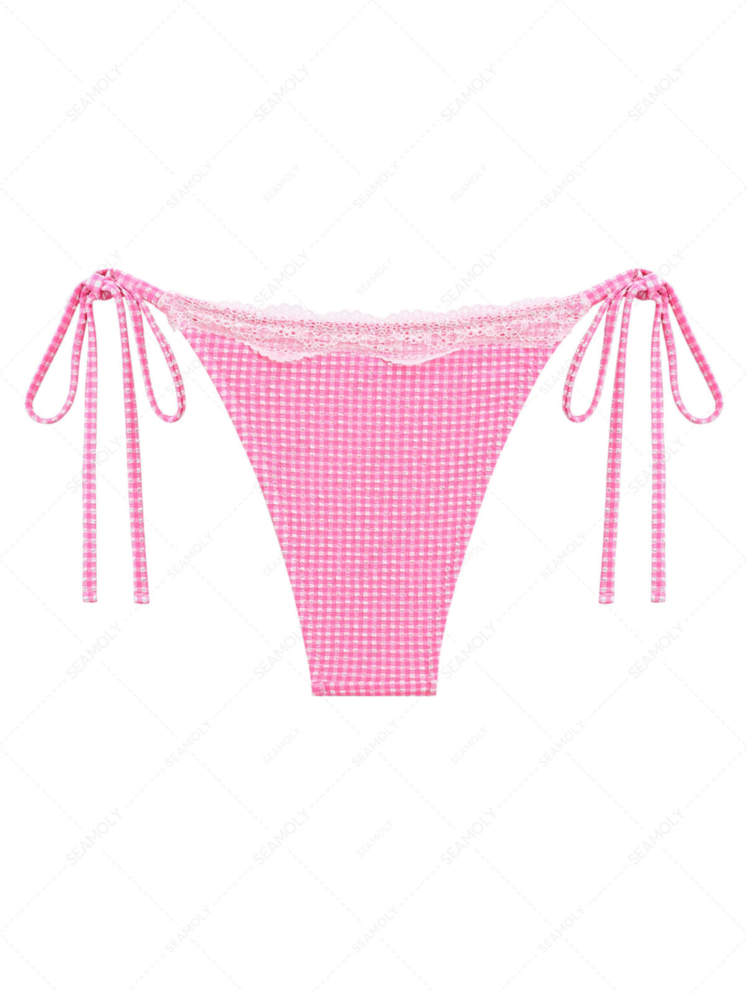 Light Pink Bubble Grid Lace Bowknot Tie Side Cheeky Bikini Bottom