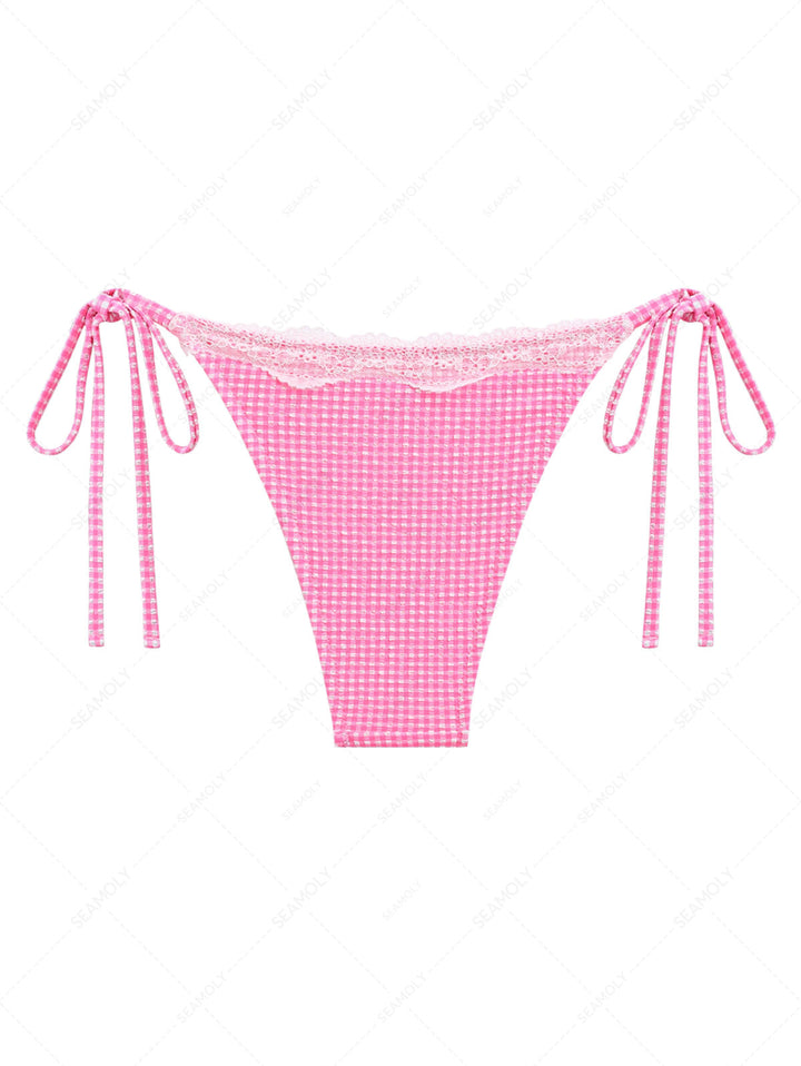 Light Pink Bubble Grid Lace Bowknot Tie Side Cheeky Bikini Bottom