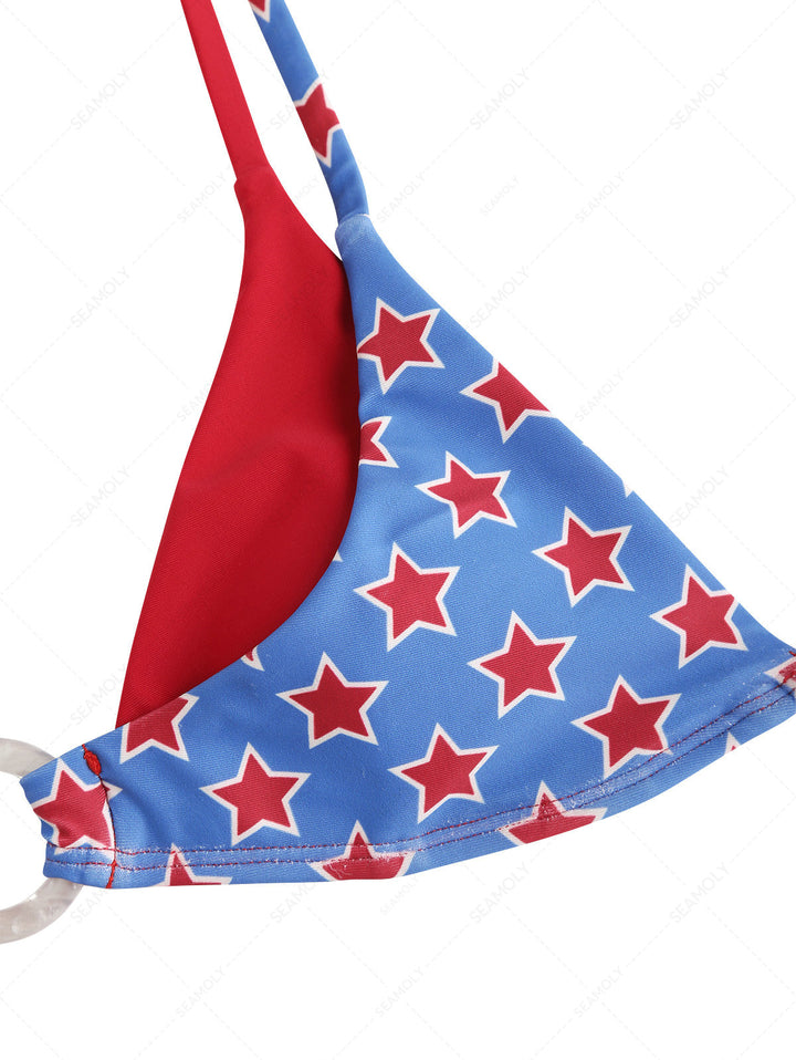 Seamolly 3 Piece Swimsuit - Stars Print O Ring Double Layer Bikini Set for 4th of July & Cover Up Skirt