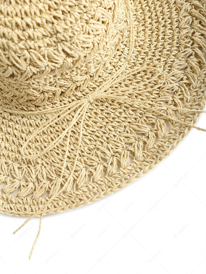 Crochet Hollow Out Floppy Foldable Wide-Brim Straw Bucket Sun Hat