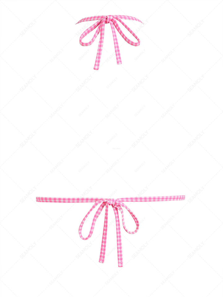 Light Pink Bubble Grid Lace Bowknot Halter Triangle Bikini Top