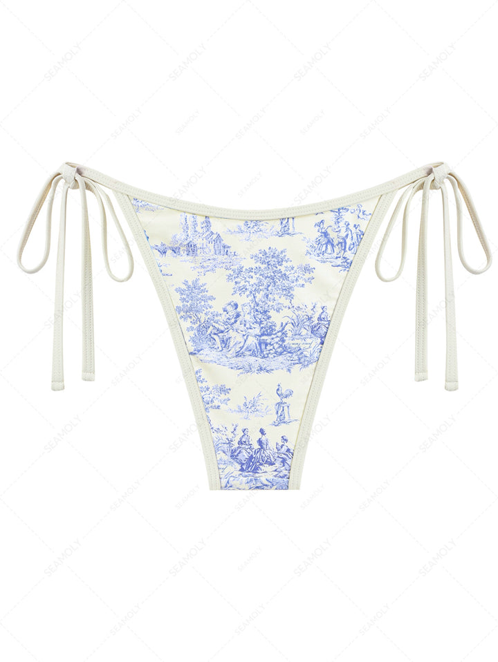 Crystal Cream Toile de Jouy Spliced Ruched Ruffles Cheeky Bikini Bottom