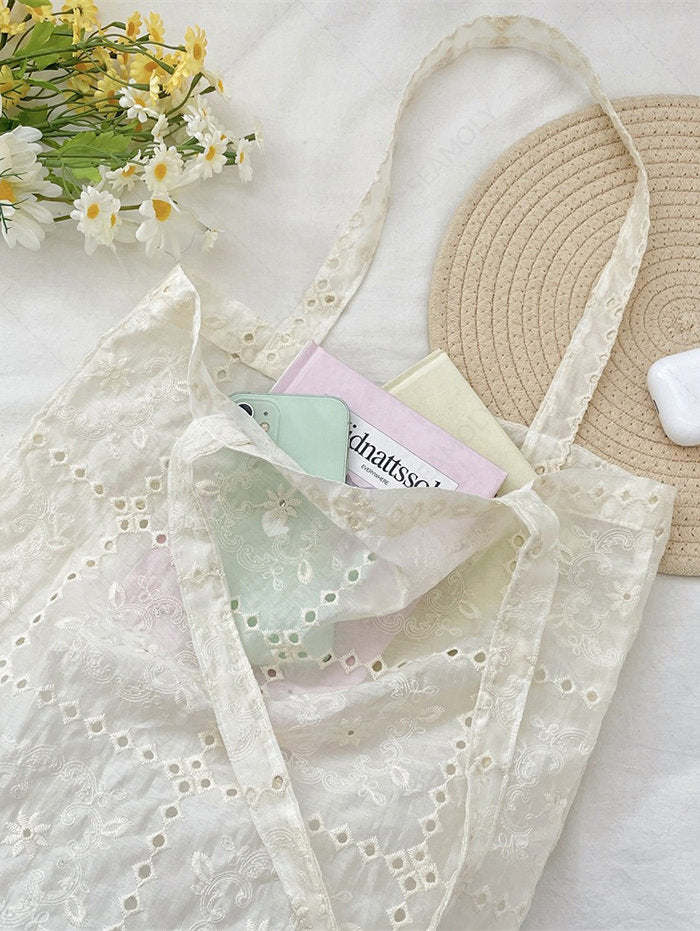 French Checkered Eyelet Floral Embroidery Shoulder Bag