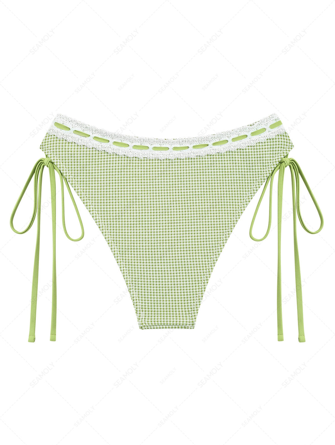 Green Gingham Lace Bowknot Cinched Tie Side Hipster Bikini Bottom