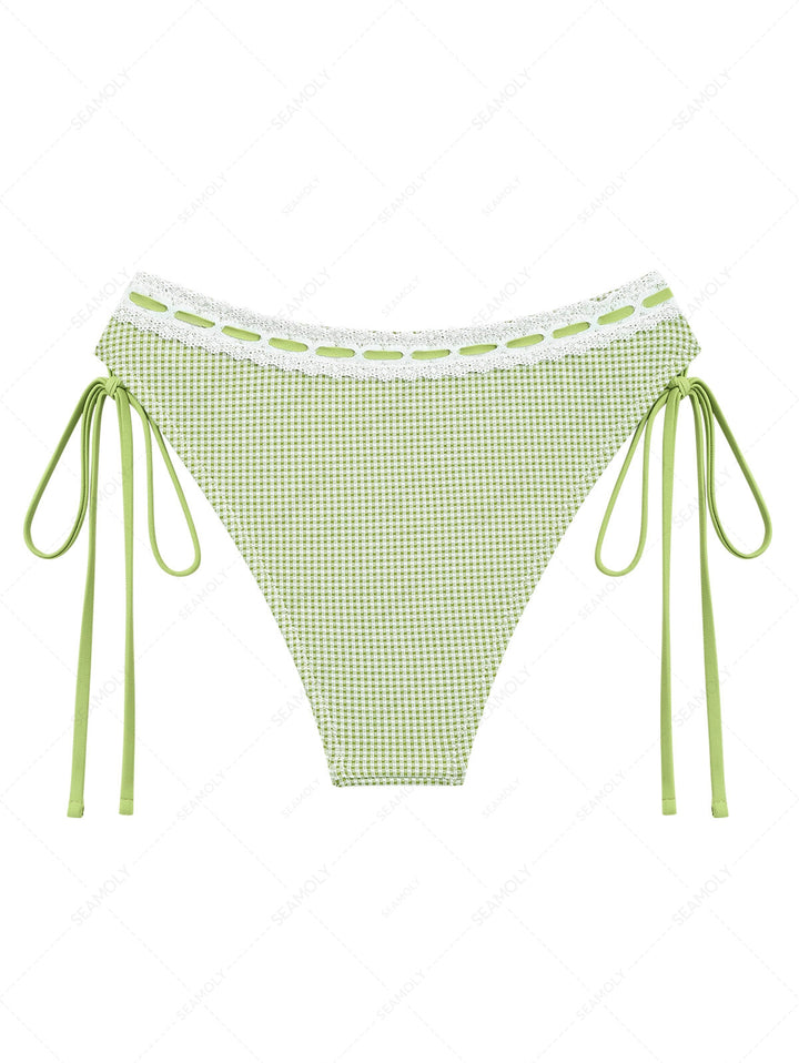Green Gingham Lace Bowknot Cinched Tie Side Hipster Bikini Bottom