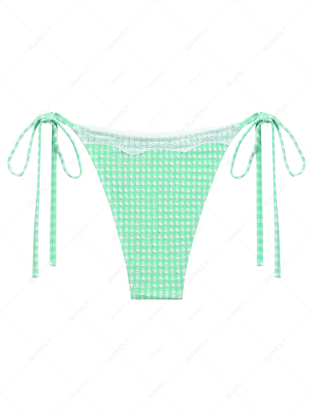 Green Bubble Grid Lace Bowknot Tie Side Cheeky Bikini Bottom