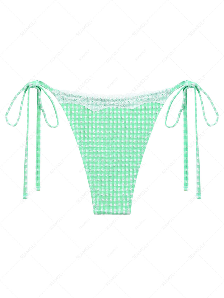 Green Bubble Grid Lace Bowknot Tie Side Cheeky Bikini Bottom