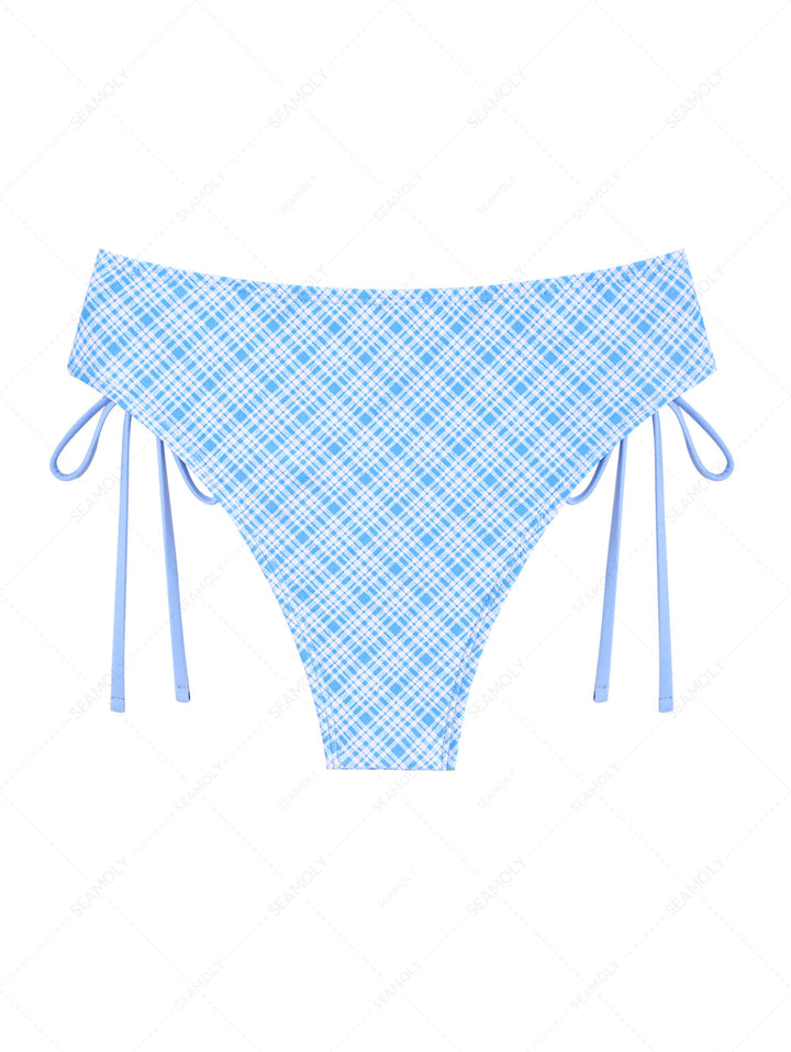 Light Blue Plaid Floral Lace Up Side Coverage Bikini Bottom