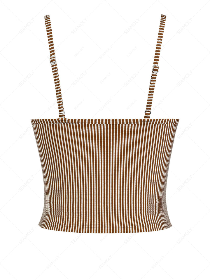 Coffee Striped Spliced Ruched Bowknot Tankini Top
