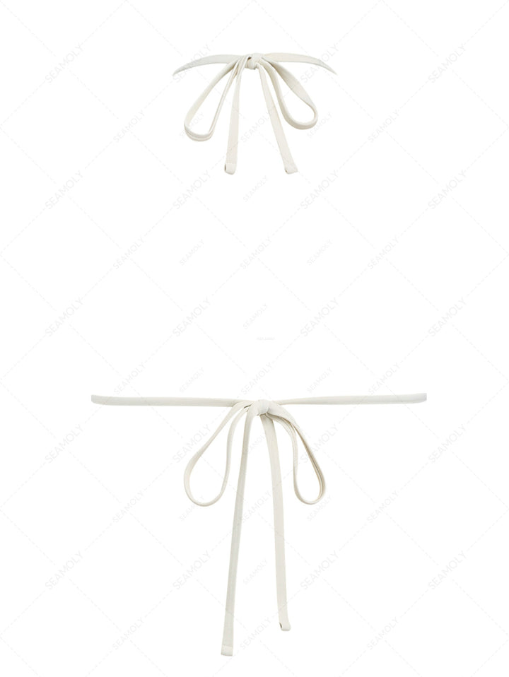 White Textured Fabric Bowknot Triangle Bikini Top
