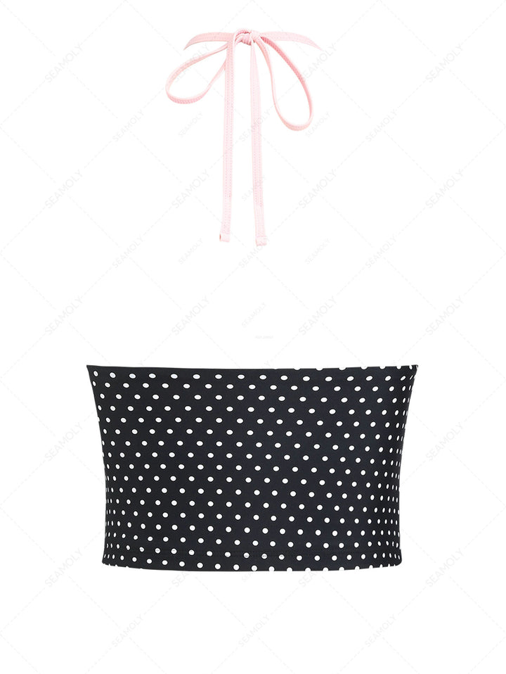 Black Polka Dot Print Bowknot Halter Tankini Top
