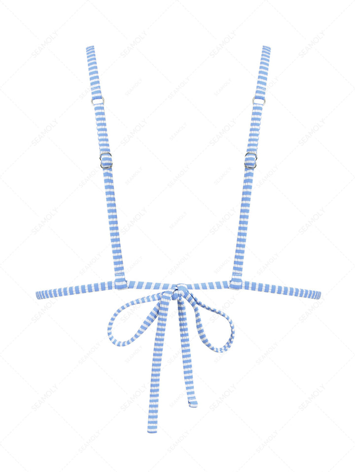 Light Blue Striped Frilled Ruffles Bowknot Triangle Bikini Top