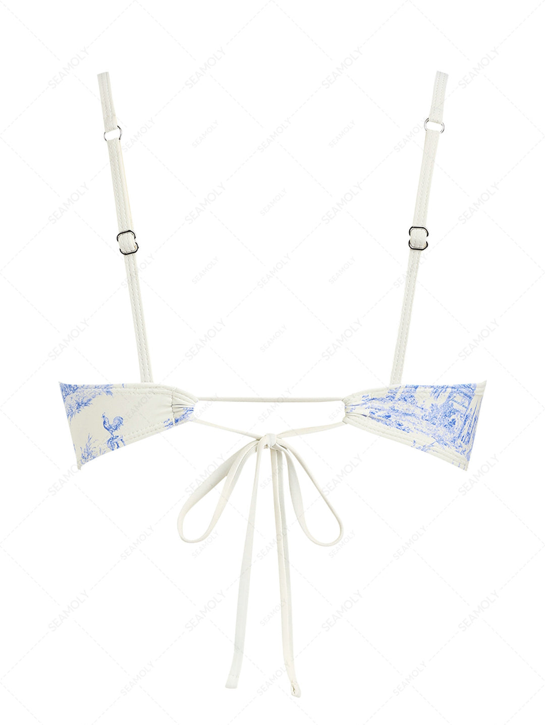 Crystal Cream Toile de Jouy Spliced Ruched Ruffles Bikini Top