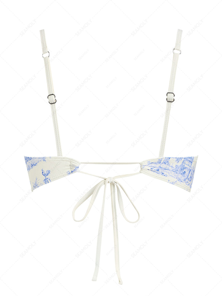 Crystal Cream Toile de Jouy Spliced Ruched Ruffles Bikini Top