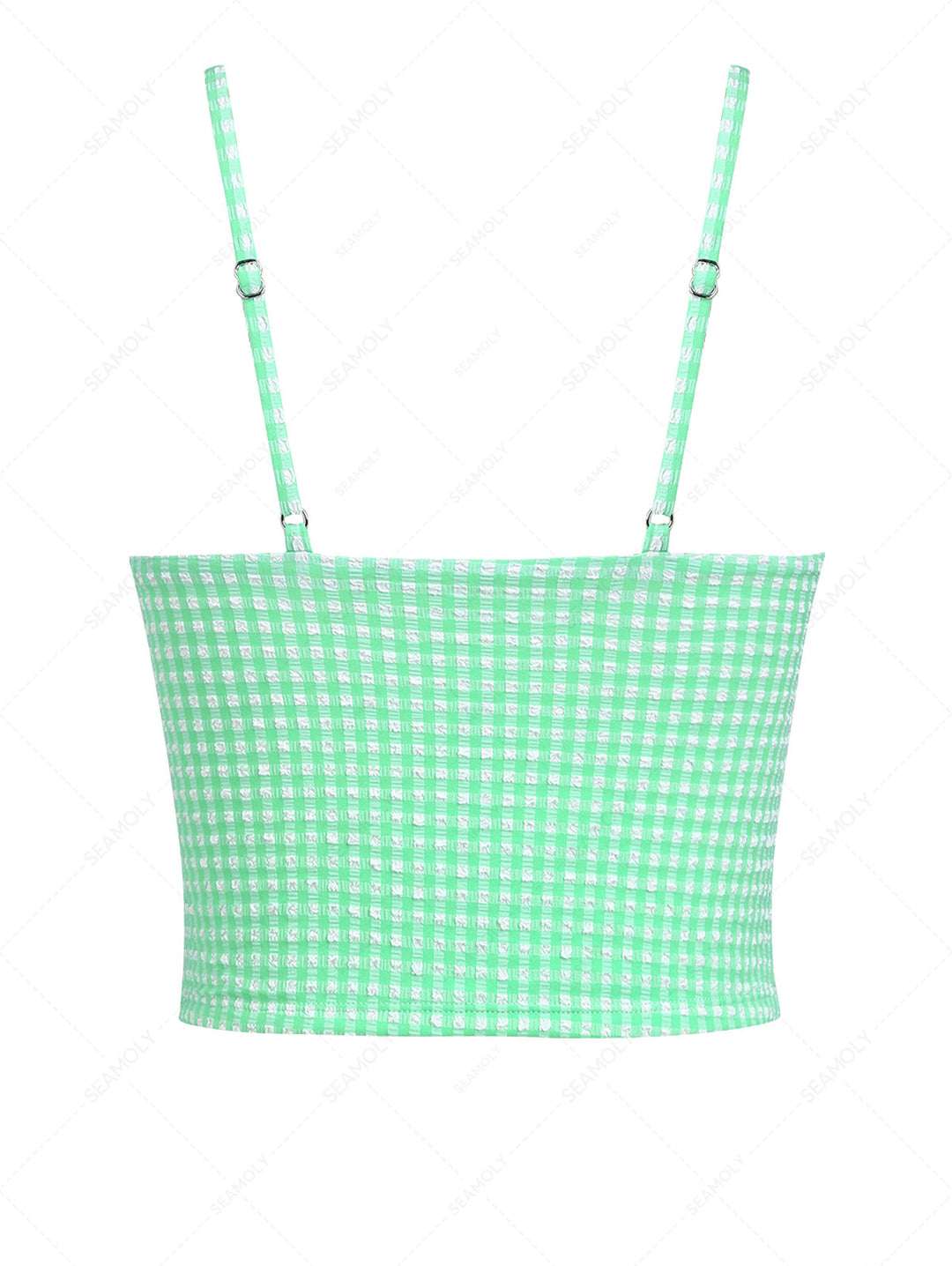 Green Bubble Grid Picot Trim Bowknot Tankini Top