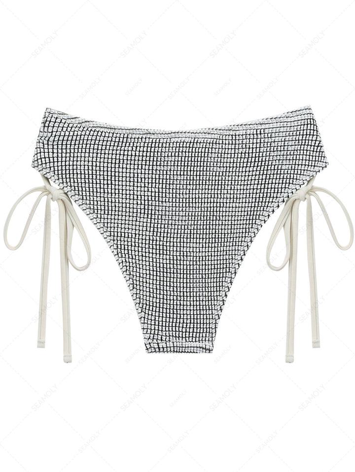 White Textured Fabric Lace Up Side Full Coverage Bikini Bottom