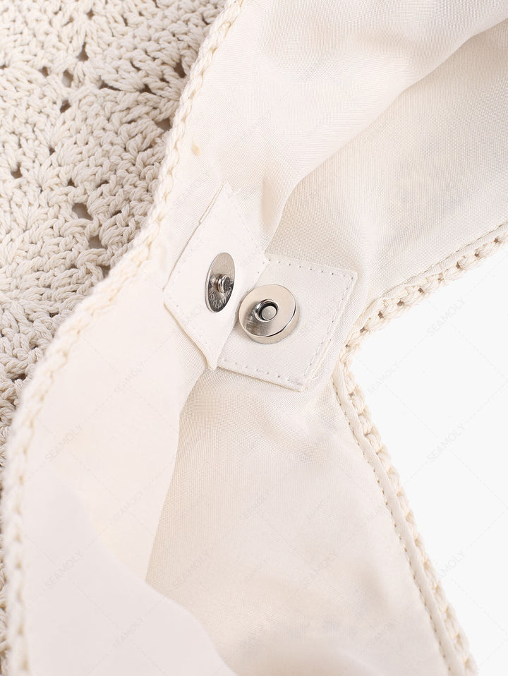 Vacation Crochet Hollow Out Floral Pattern Magnetic Closure Shoulder Bag