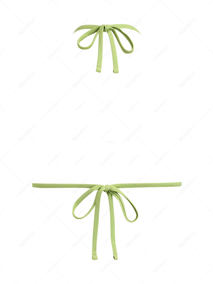 Green Gingham Lace Bowknot Halter Triangle Bikini Top
