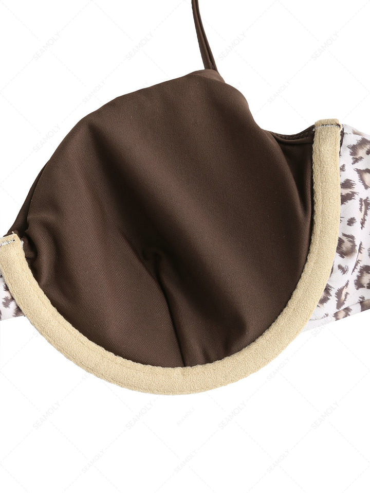 Seamolly 3 Piece Leopard Print Underwire Brazilian Cheeky Boyshort Bikini Set