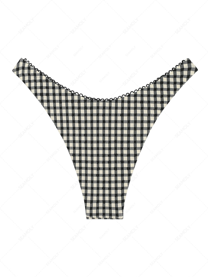 Vintage Black Plaid Picot Bowknot Cheeky Bikini Bottom