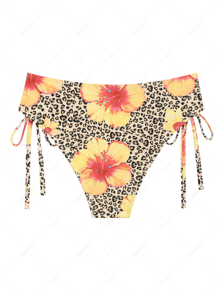 Leopard Floral Print Lace Up SideFull Coverage Bikini Bottom