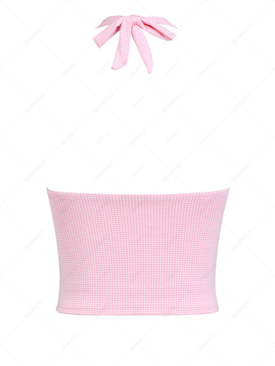 Light Pink Knitted Plaid Lace Plunging Neck Halter Tankini Top