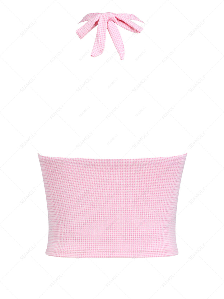 Light Pink Knitted Plaid Lace Plunging Neck Halter Tankini Top