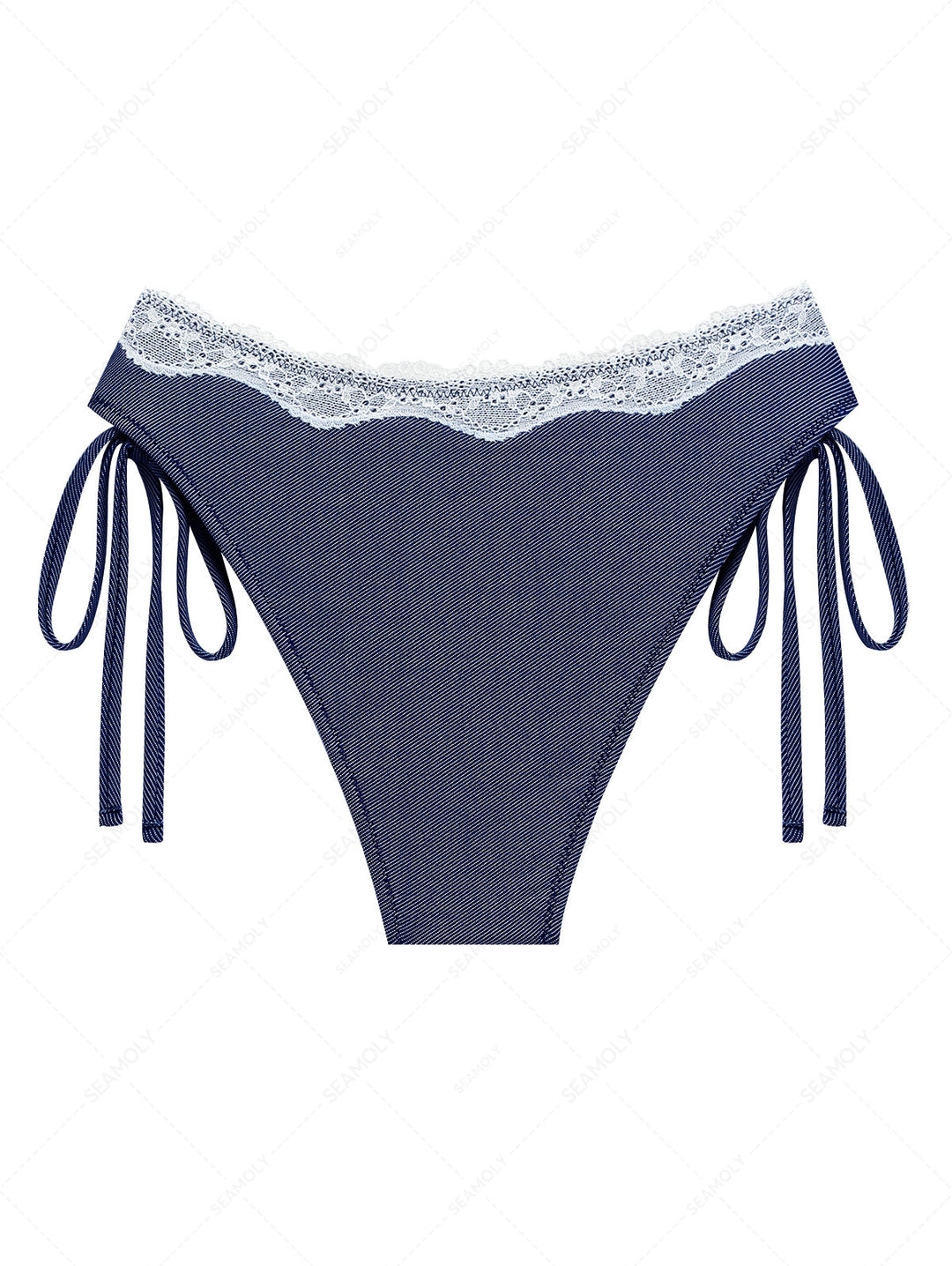 Deep Blue Denim Lace Cinched Tie Side Hipster Bikini Bottom