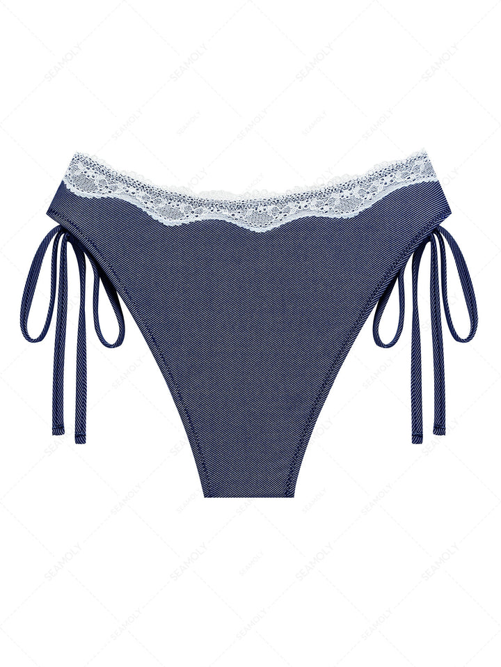 Deep Blue Denim Lace Cinched Tie Side Hipster Bikini Bottom