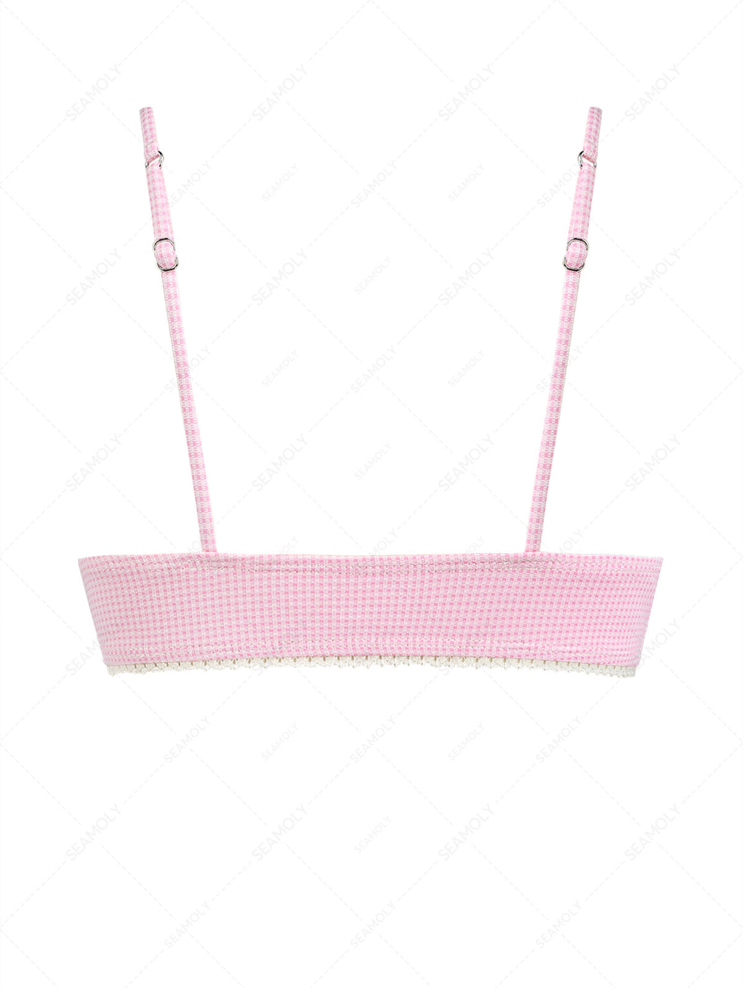 Light Pink Knitted Plaid Lace Bowknot Bikini Top