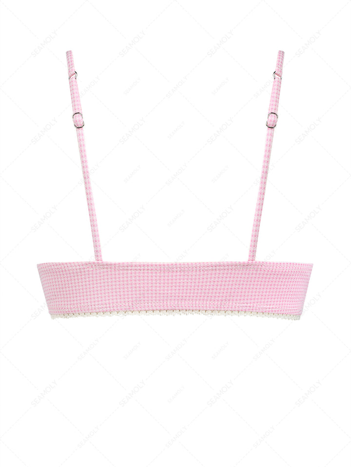 Light Pink Knitted Plaid Lace Bowknot Bikini Top