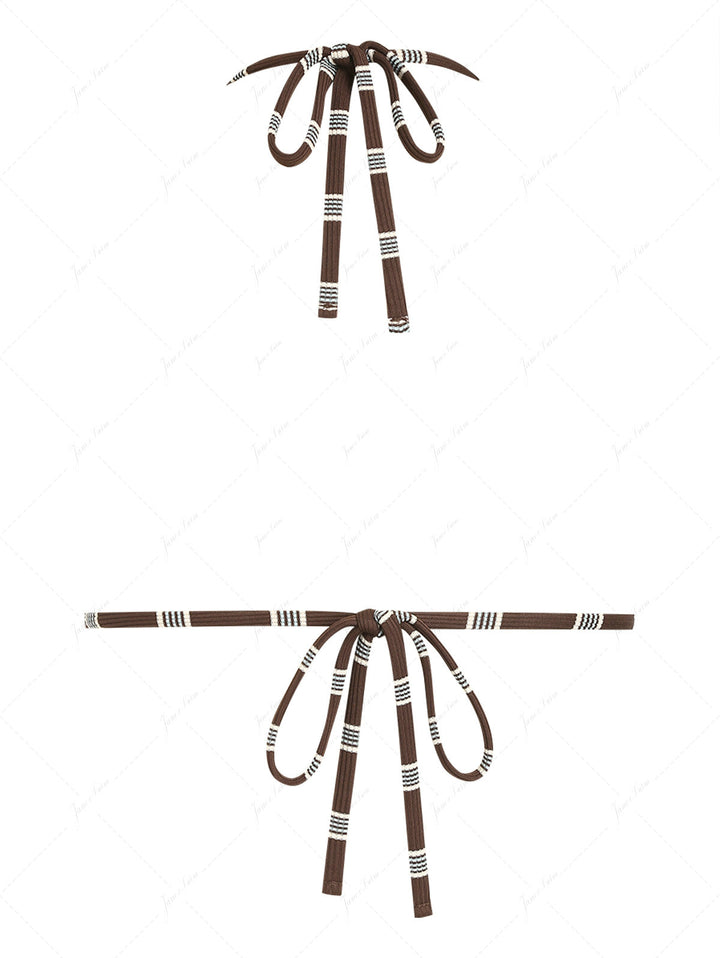 Deep Coffee Striped Lace Bowknot Halter Triangle Bikini Top